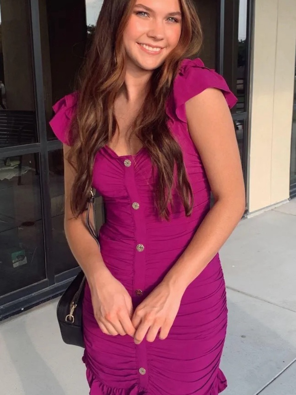 Zara Fuchsia Ruched Button-Front Mini Dress